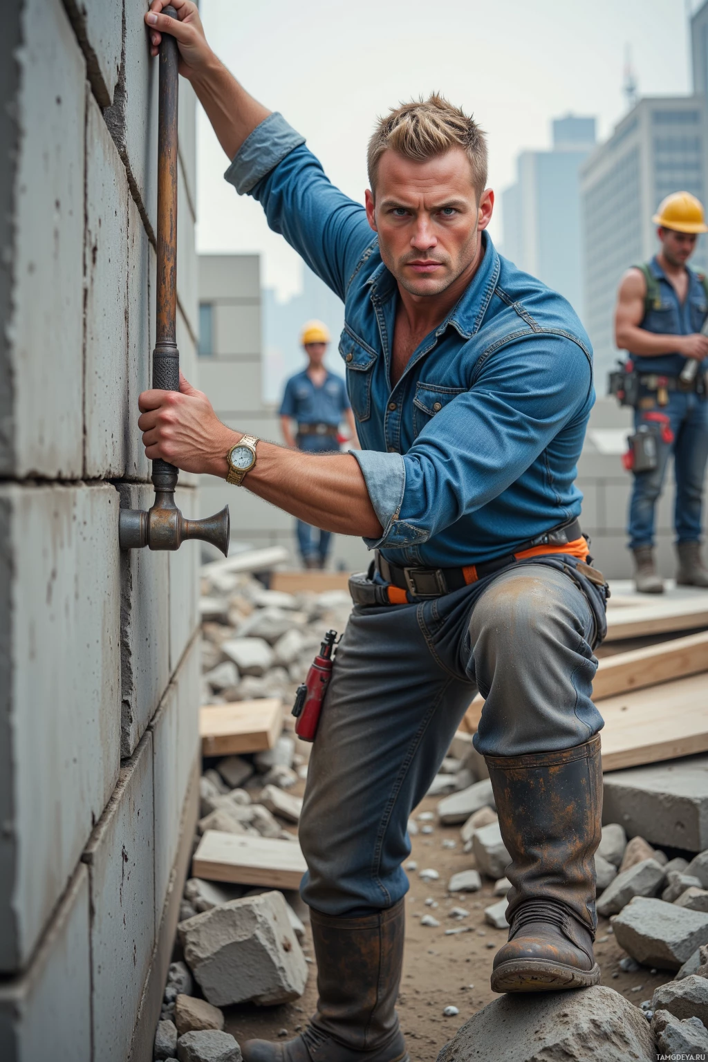 A construction worker in a denim shirt and jeans leans against a wall, holding a pipe, with another worker in the background.