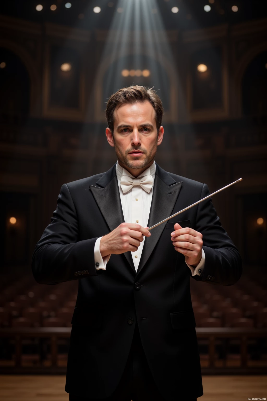 A man in a formal black suit and white bow tie holds a conductor's baton in an ornate concert hall.