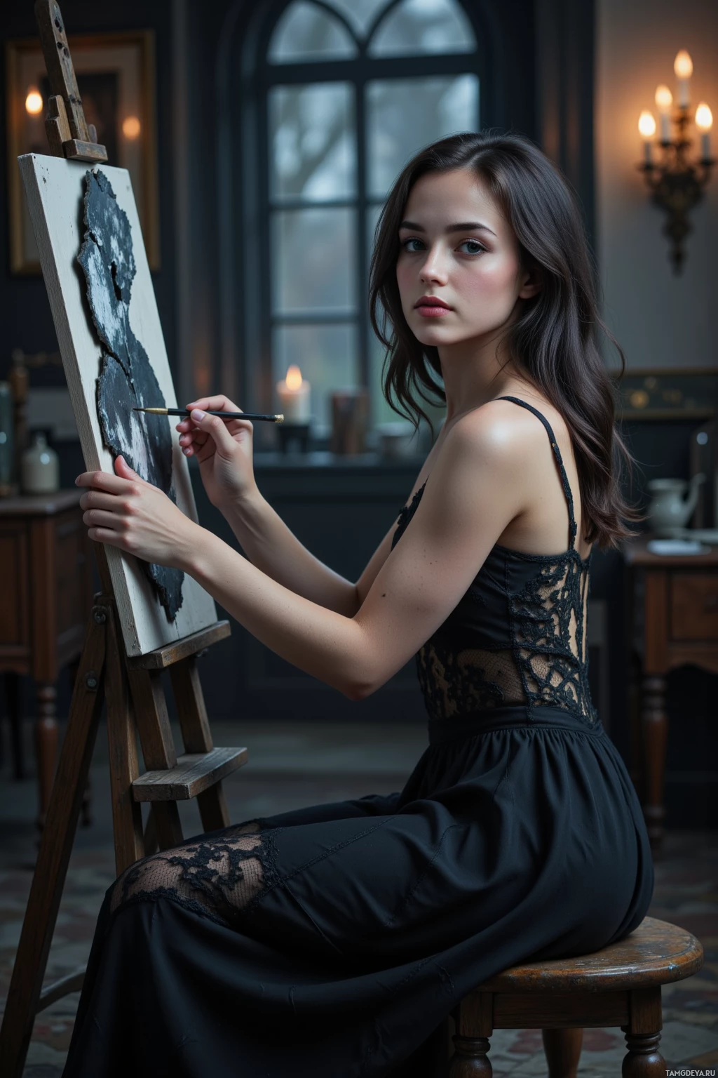 A woman in a black dress is seated and painting on an easel in a dimly lit room.