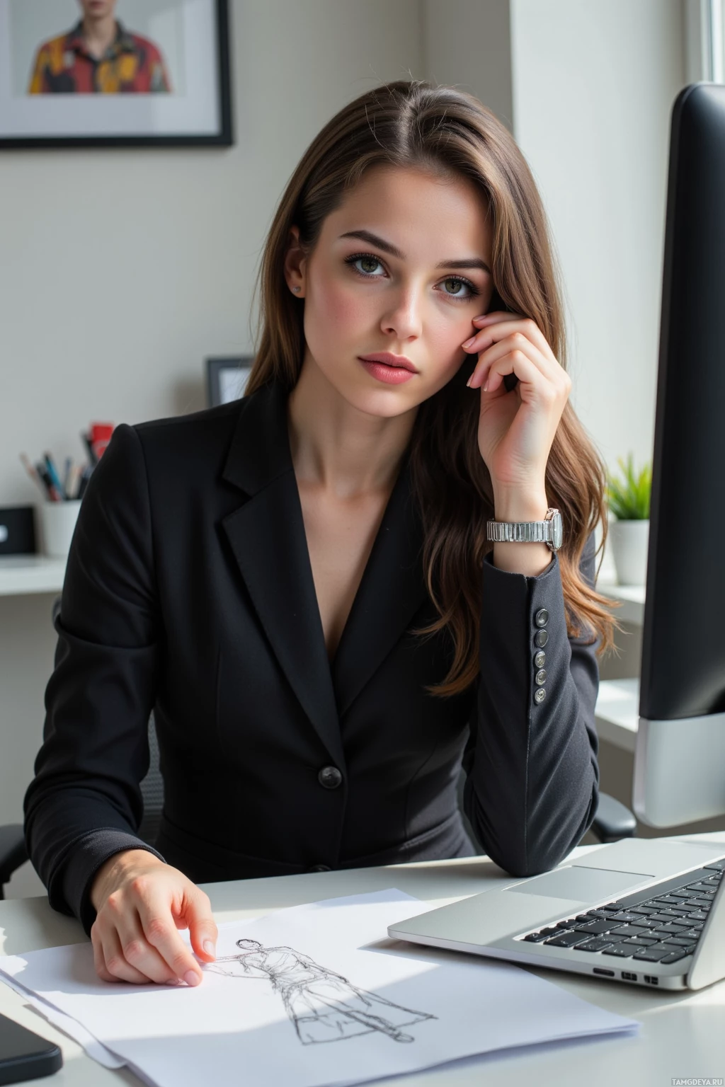 A woman in a black blazer sits at a desk with a laptop, sketchbook, and office supplies.