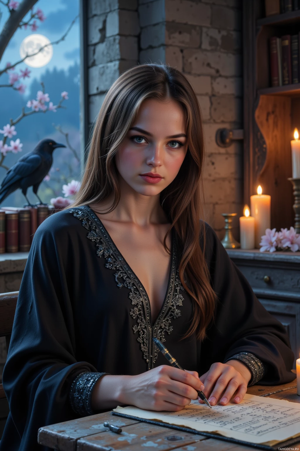 A woman in a dark robe writes at a desk with a candle and a bird perched on books.