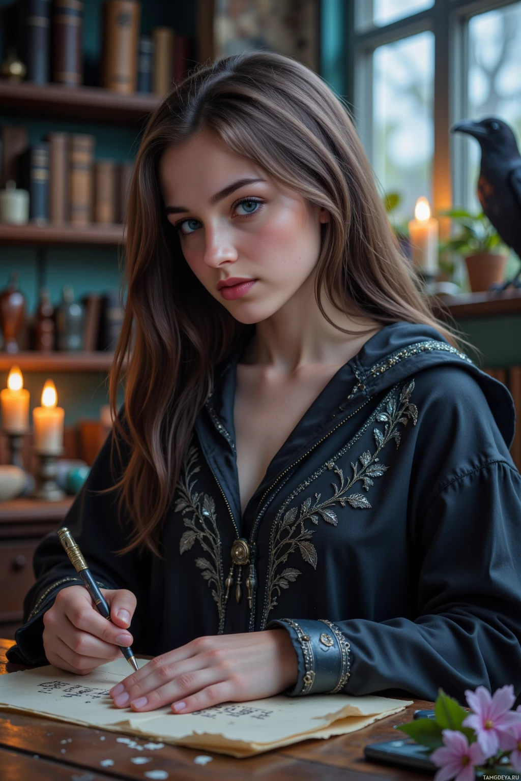 A woman in a dark, embroidered robe writes on a piece of parchment in a room with candles and books.