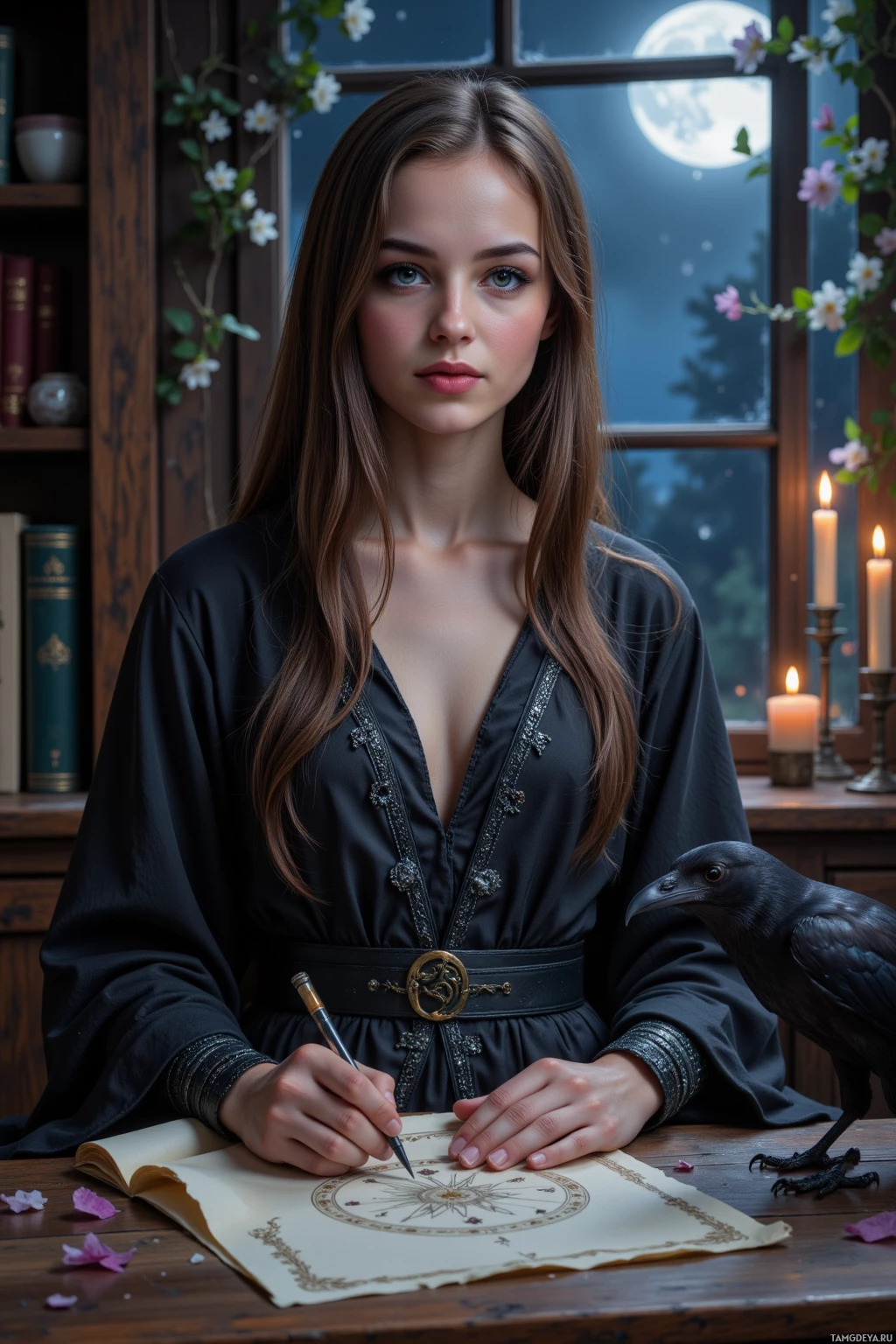 A woman in a dark robe sits at a table, writing in a book with a quill, while a crow perches nearby.