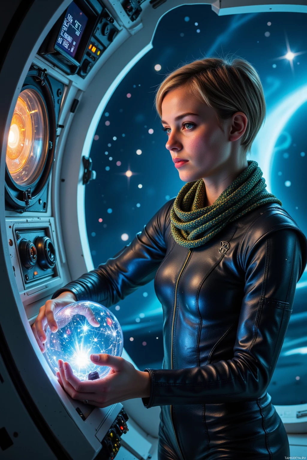 A person in a space suit holds a glowing, spherical object in a futuristic spacecraft.