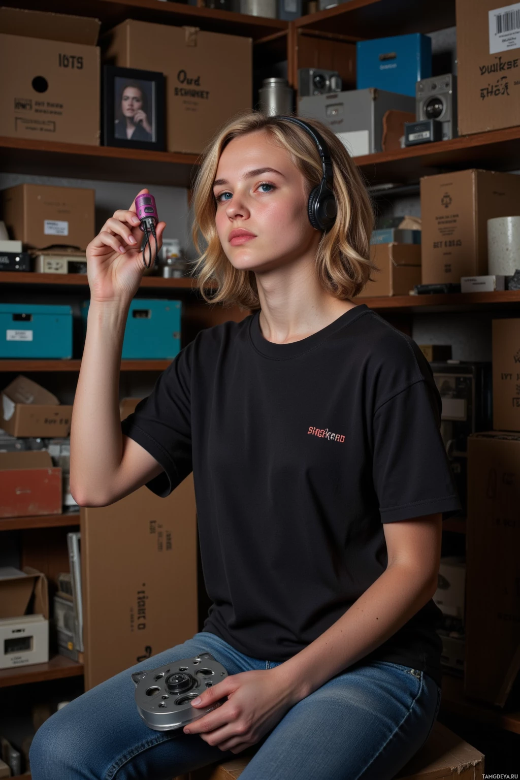 A person wearing headphones and a black t-shirt sits in a storage area with boxes and equipment.