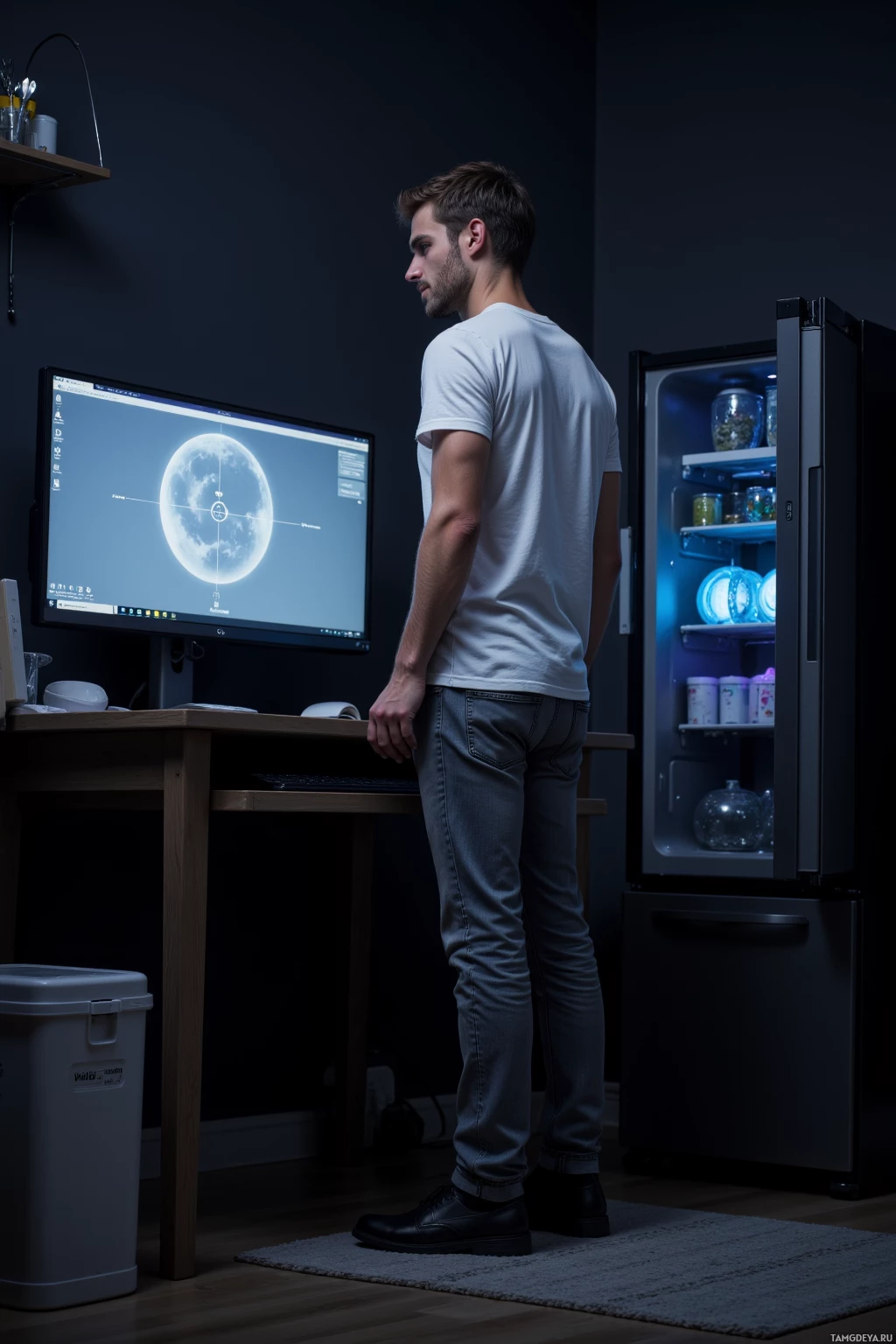 A man stands in a dimly lit room, facing a computer monitor displaying a lunar image.