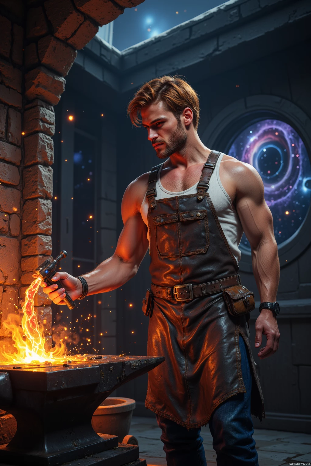 A muscular man in a leather apron stands beside an anvil, holding a glowing tool, with sparks flying.