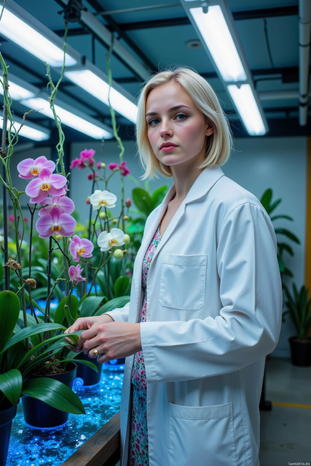 A person in a white lab coat stands in a greenhouse, examining a plant.