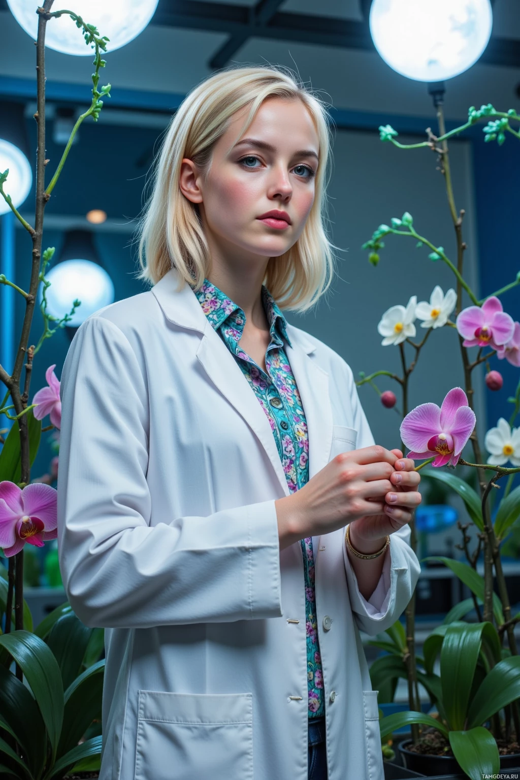 A person in a lab coat stands amidst plants, holding a flower.