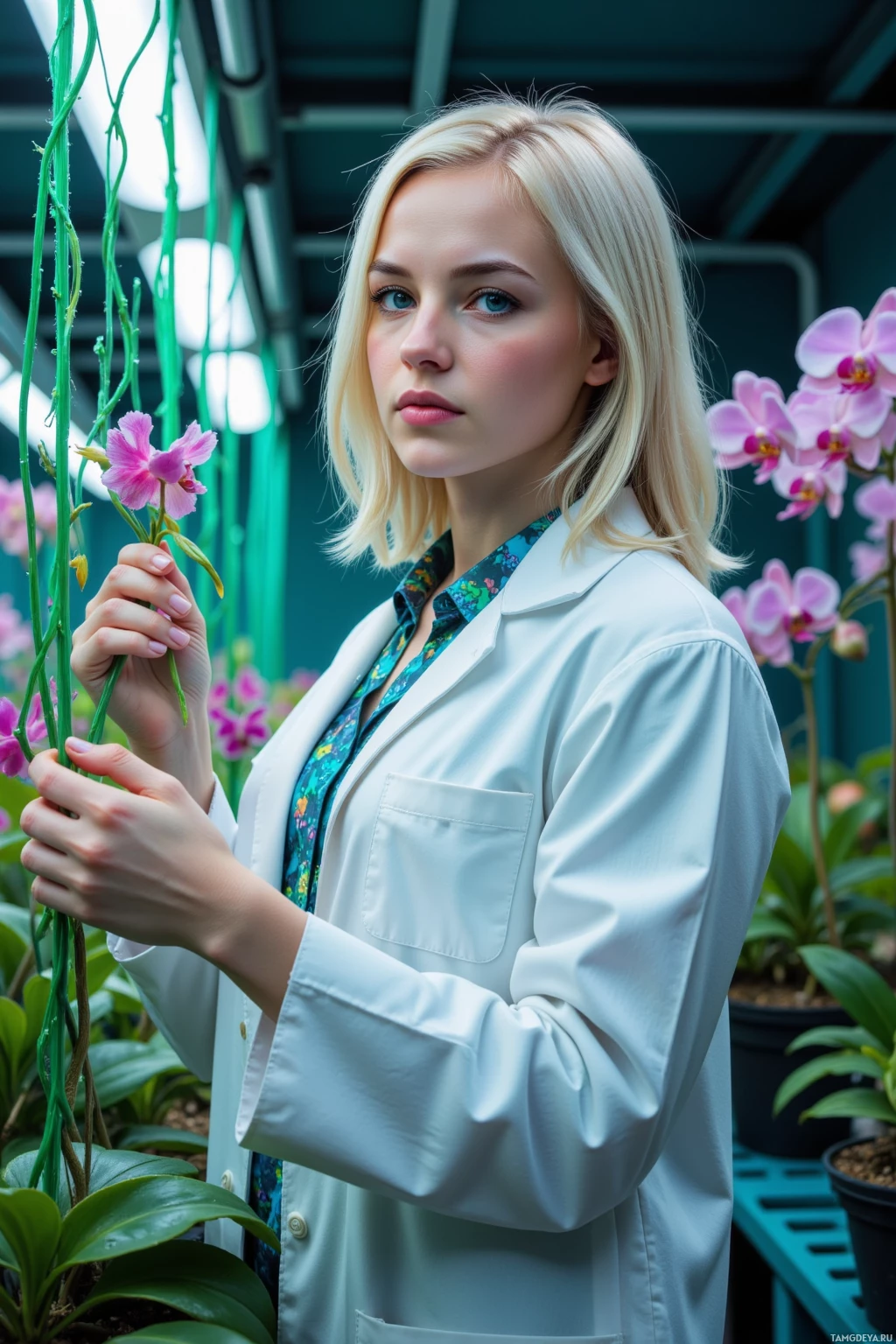 A person in a lab coat holds a flower in a greenhouse setting.