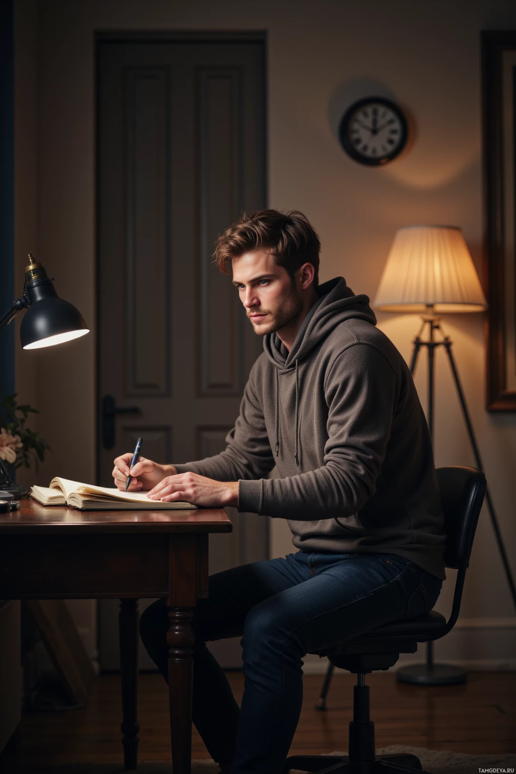 A man sits at a desk, writing in a notebook under a desk lamp.