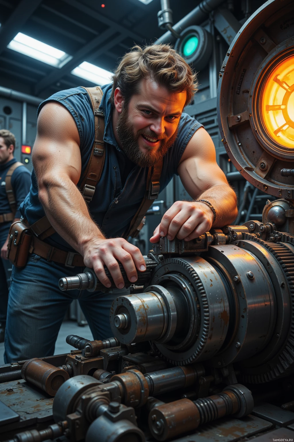 A man with a beard and a sleeveless shirt is working on a large, complex mechanical device in a dimly lit industrial setting.