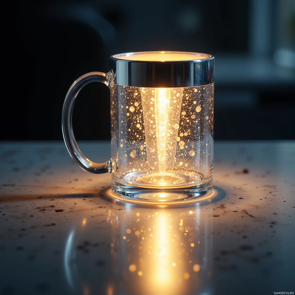 A glowing glass mug with a handle sits on a reflective surface, emitting a warm, radiant light.