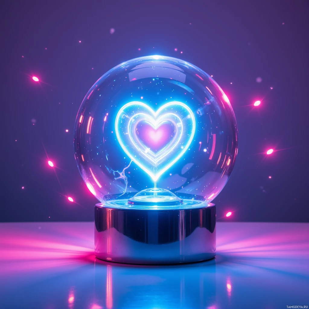 Semi-abstract image with many light, that is suitable for the post:  chrome sphere lamp, sleek chrome finish, glowing neon blue and pink lights, a spinning LED heart embedded on its surface, smooth reflective surface, subtle pulsing light effects, modern minimalist design.