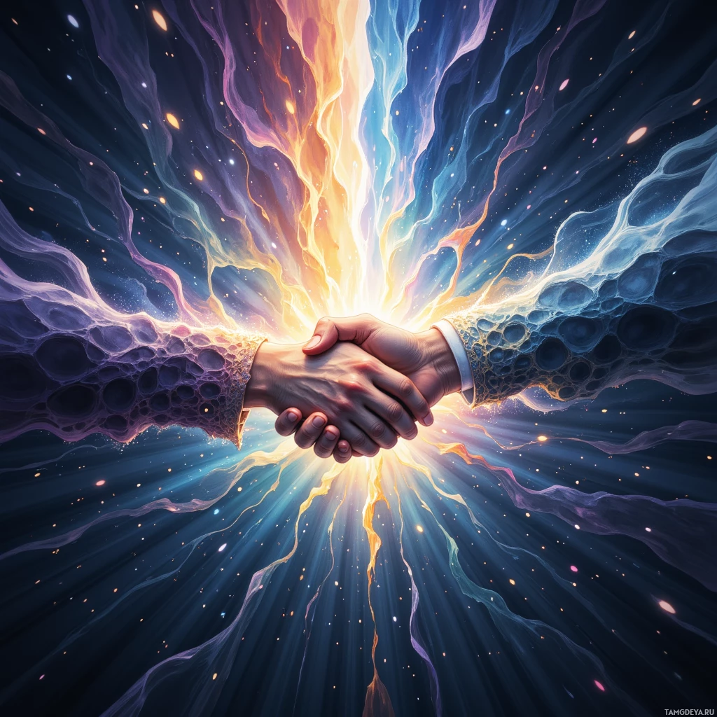 Two hands are clasped together with vibrant, cosmic energy radiating outward.