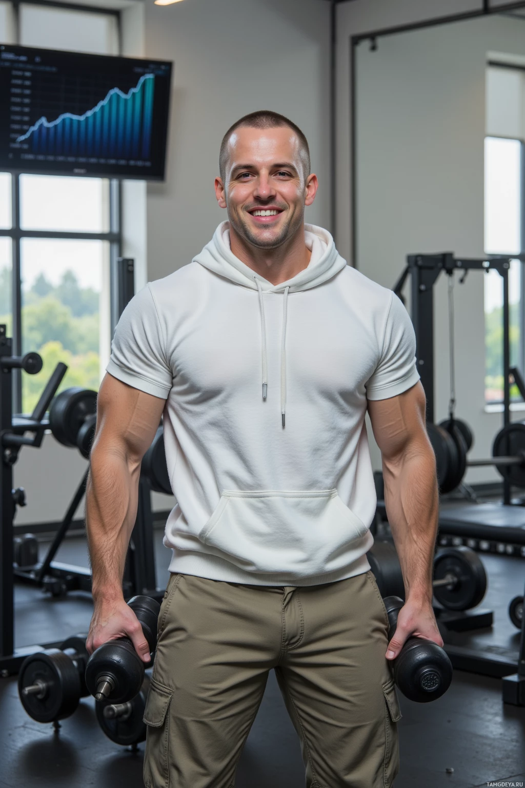 A man in a gym holds dumbbells and smiles at the camera.