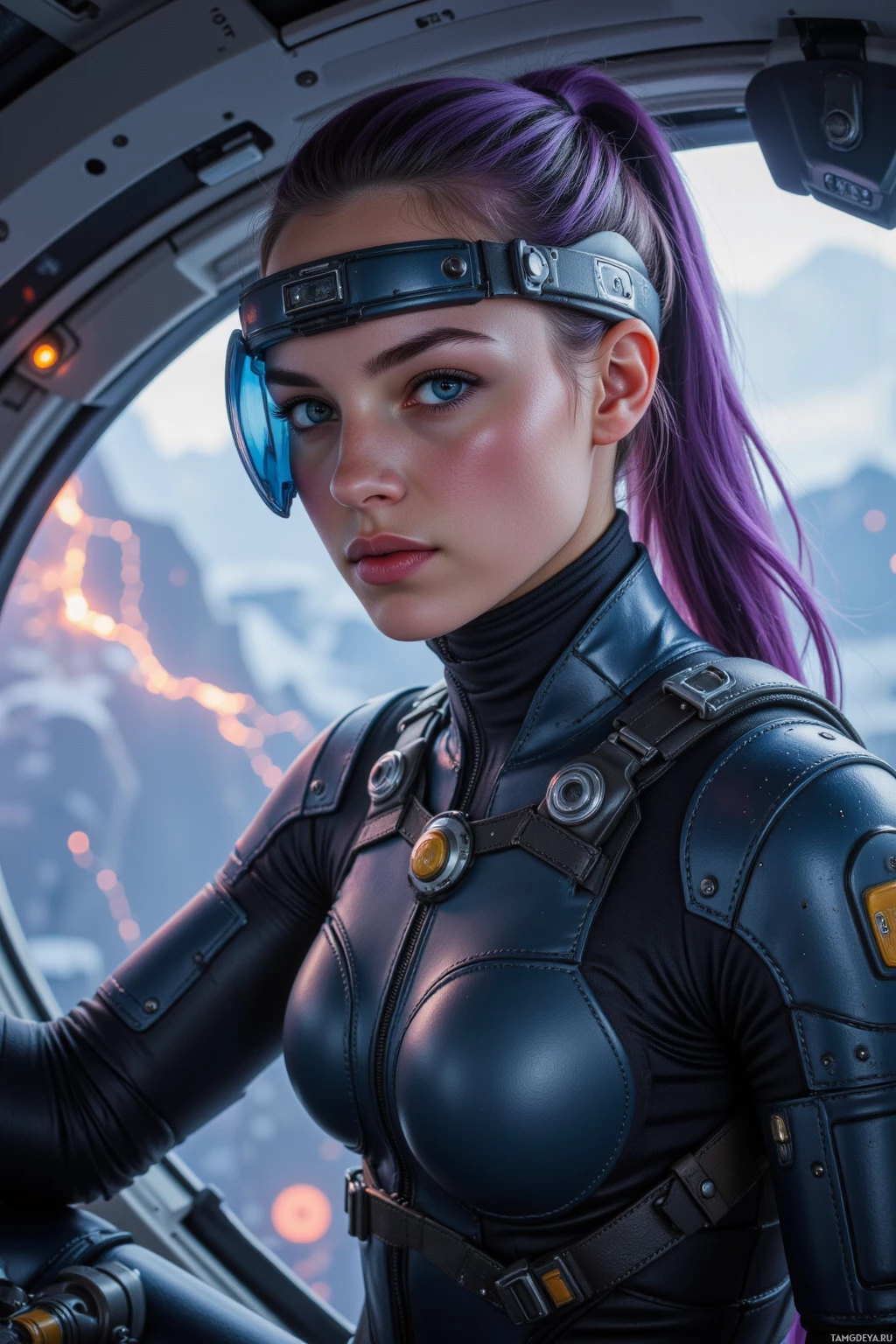 A person in a futuristic outfit with a headband and armor stands inside a spacecraft.
