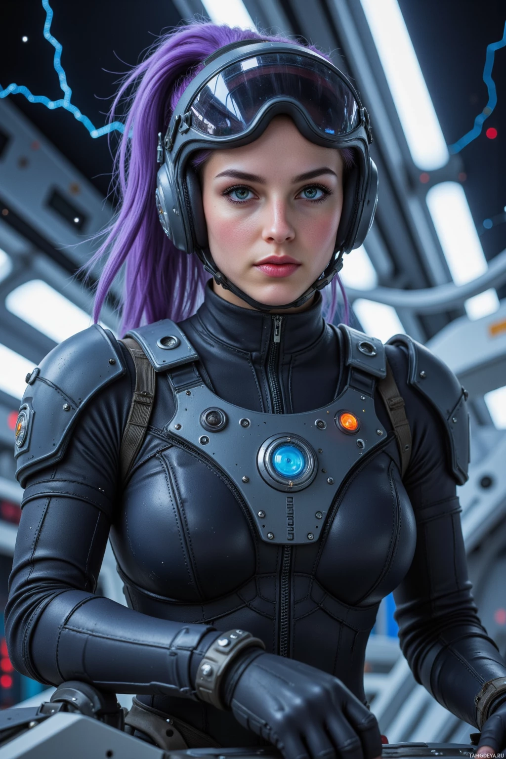 A person in a futuristic black outfit with a helmet and glowing blue light on the chest.