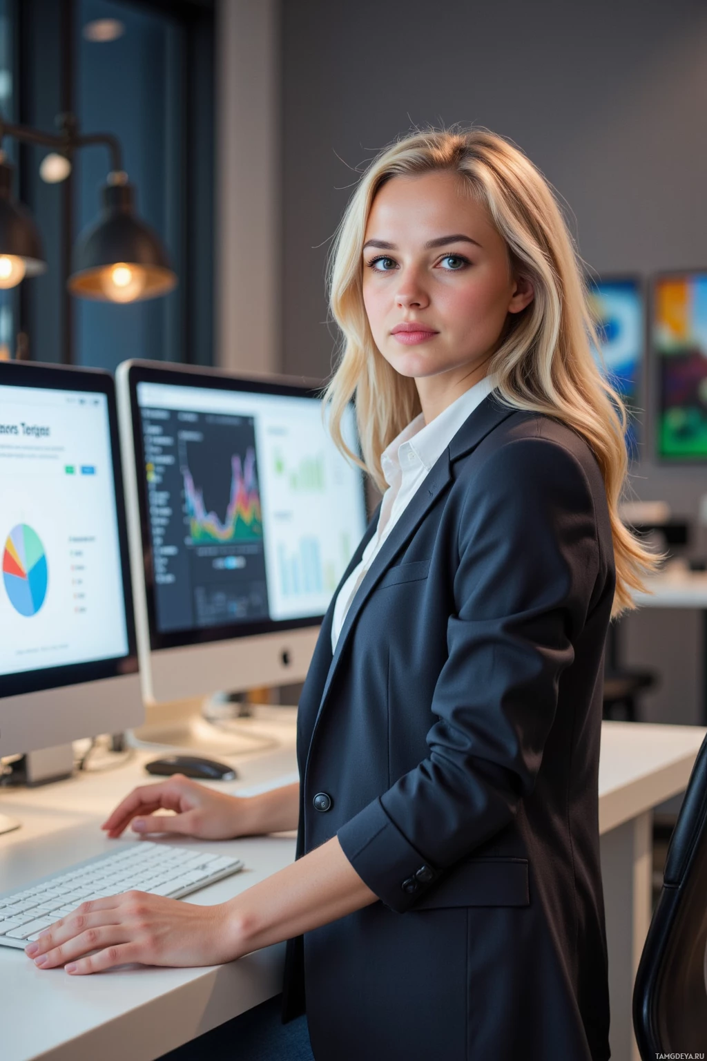 A woman in a professional setting, standing at a desk with computer monitors displaying graphs and charts.