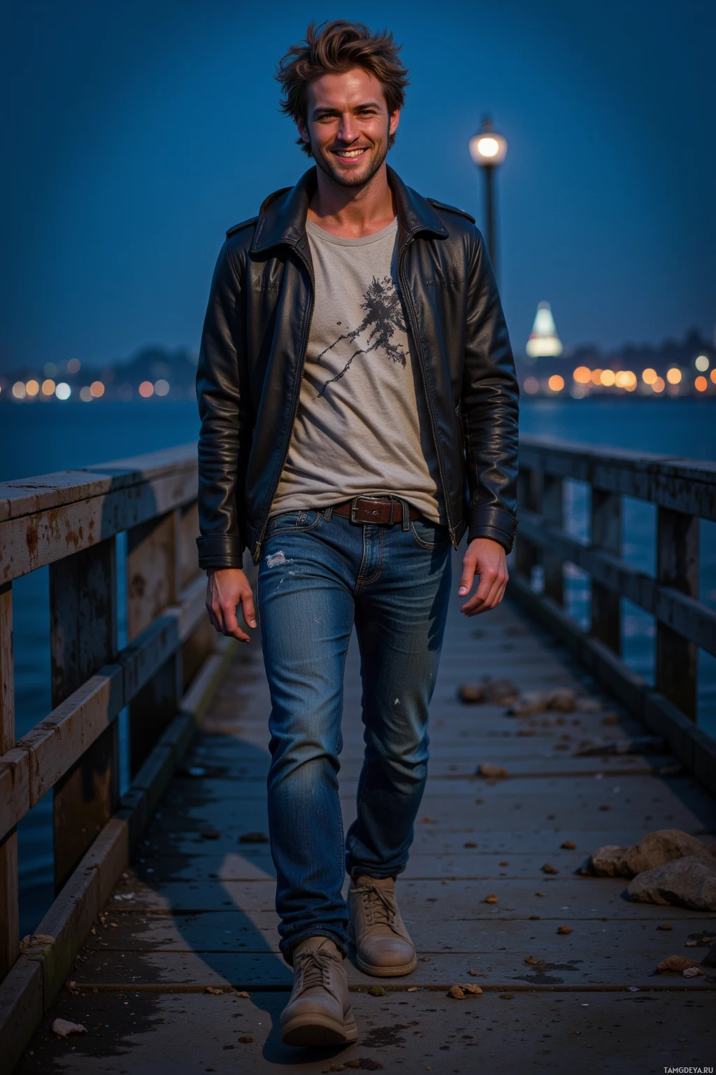 A man in a leather jacket and jeans walks along a wooden pier at dusk.