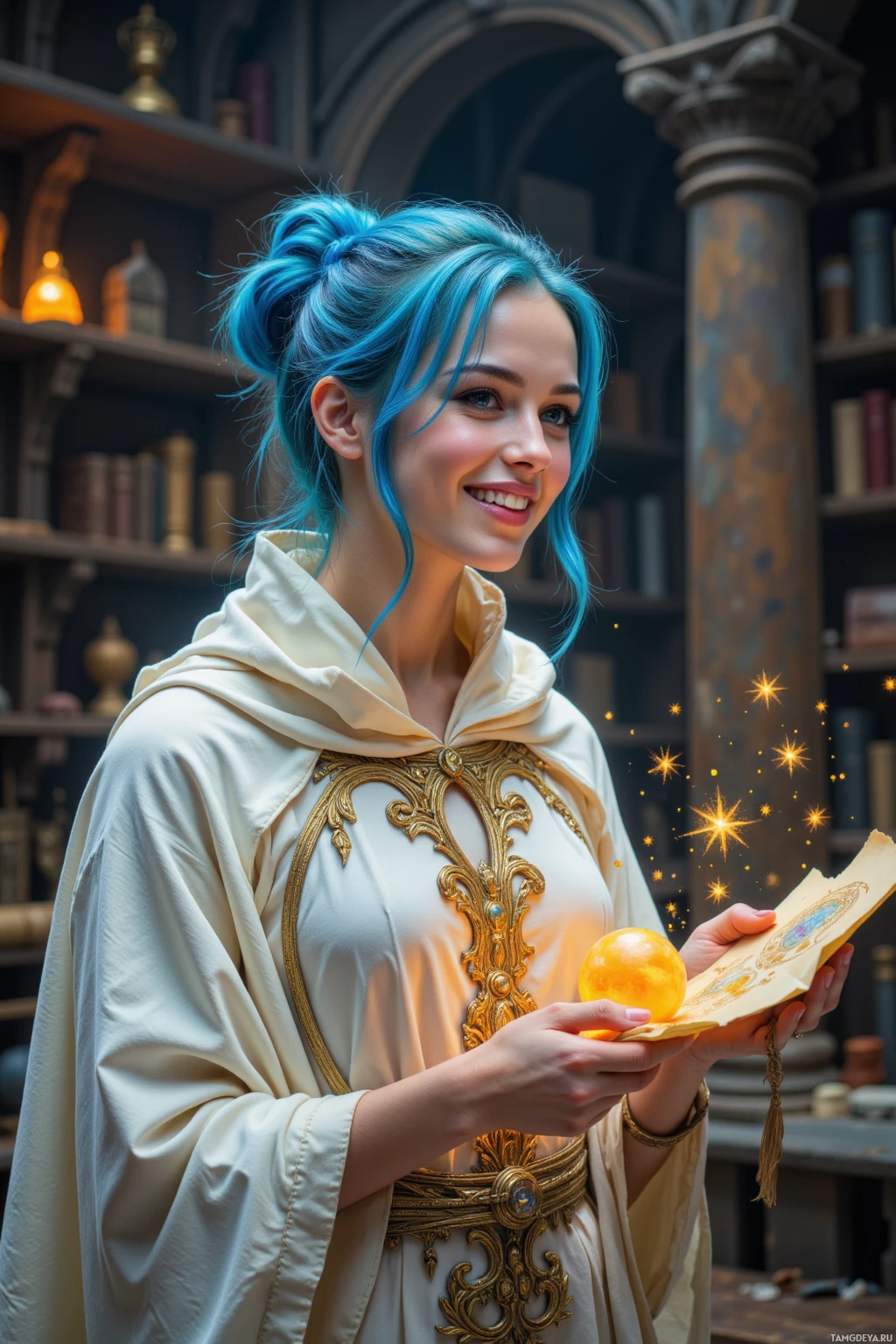 A person with blue hair in a white and gold robe holds a glowing orb and a scroll.