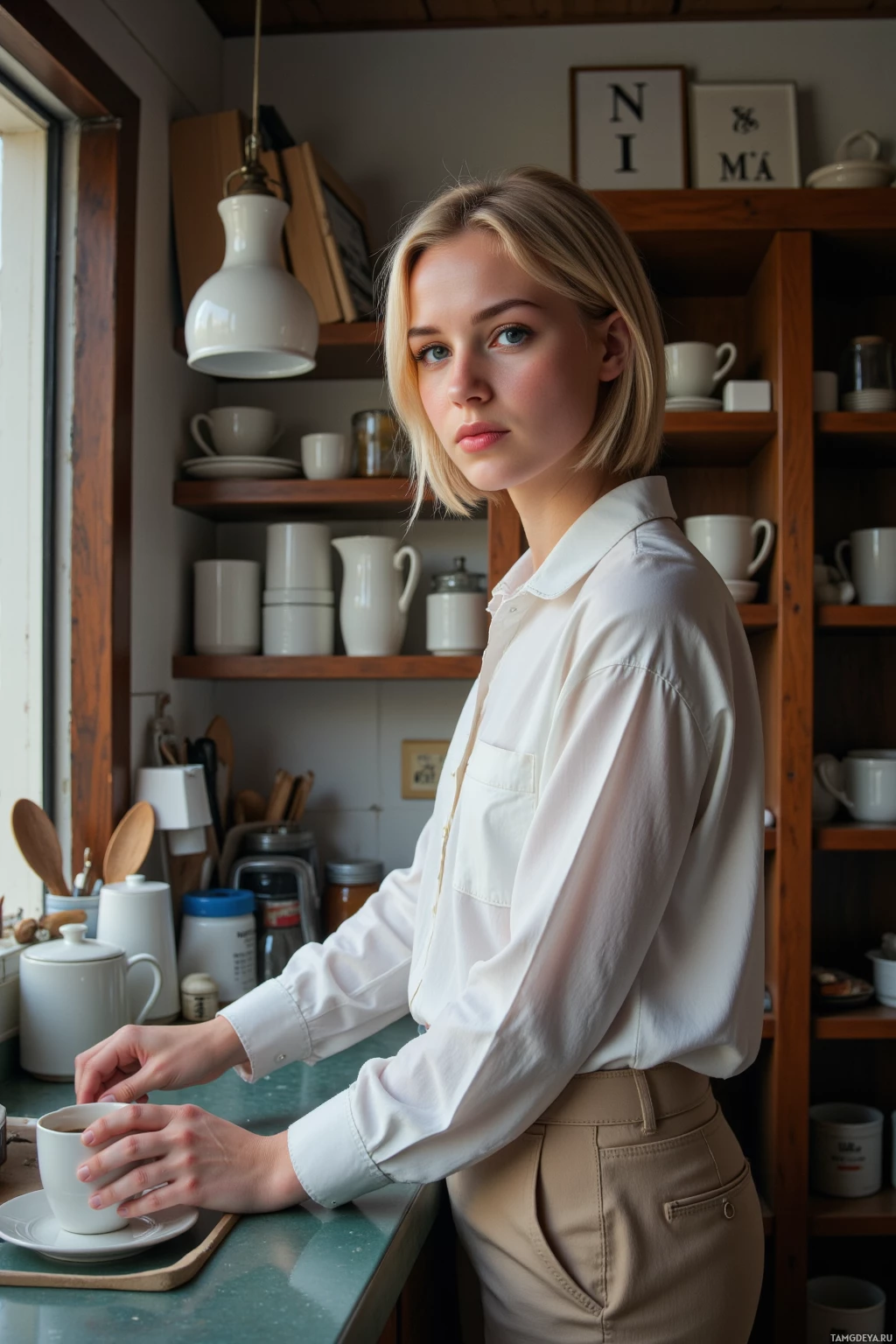 A woman in a white shirt stands in a kitchen, holding a cup.