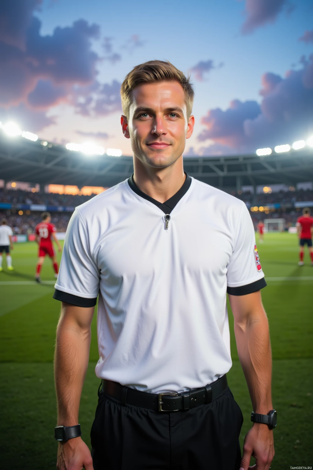 A man in a referee uniform stands on a soccer field at dusk.