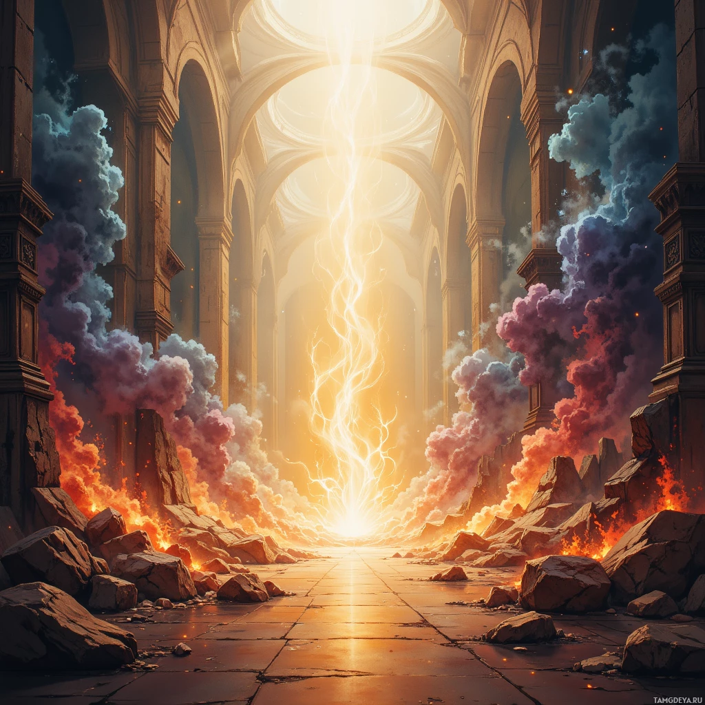 A grand, ancient hall with broken stone and a bright, glowing light at the end.