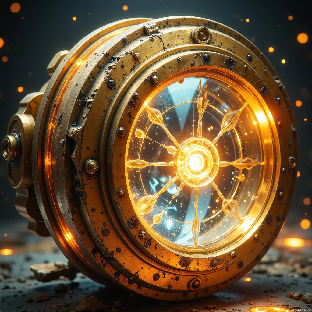 A glowing, intricate circular device with a golden frame and a central light emitting pattern.