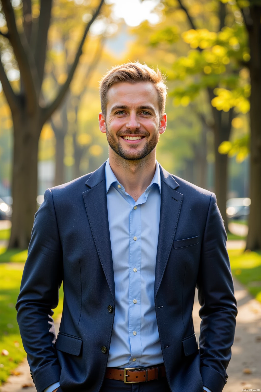 A man in a suit stands outdoors with trees in the background.