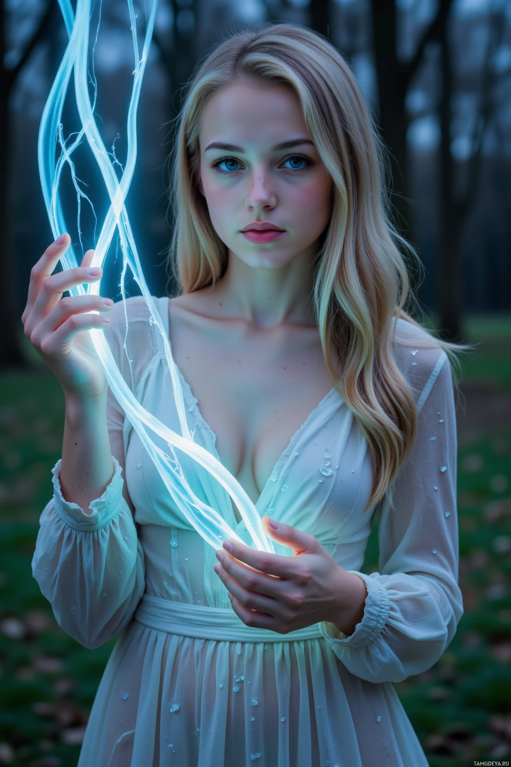 A woman in a light-colored dress holds glowing, string-like light in a forest setting.