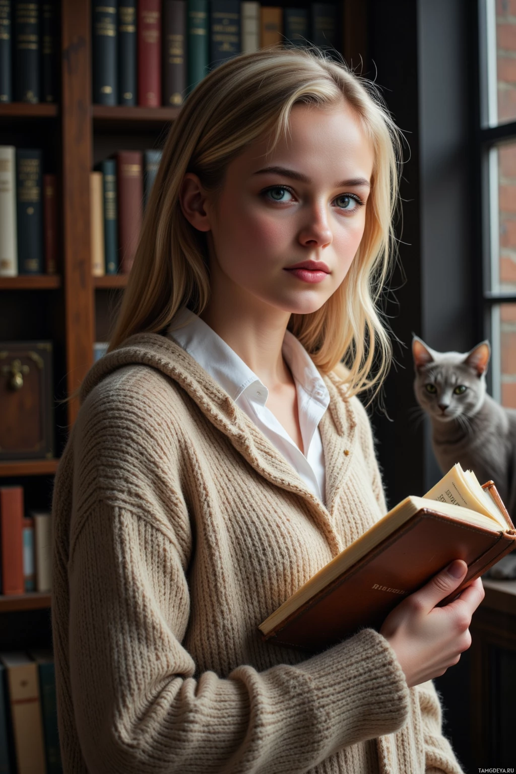 A young woman in a cozy sweater holds an open book, with a cat perched nearby in a library setting.