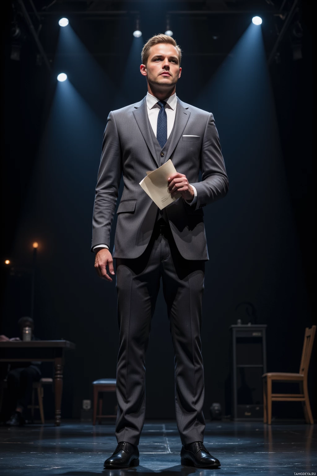 A man in a formal gray suit stands on a stage under spotlights, holding a piece of paper.