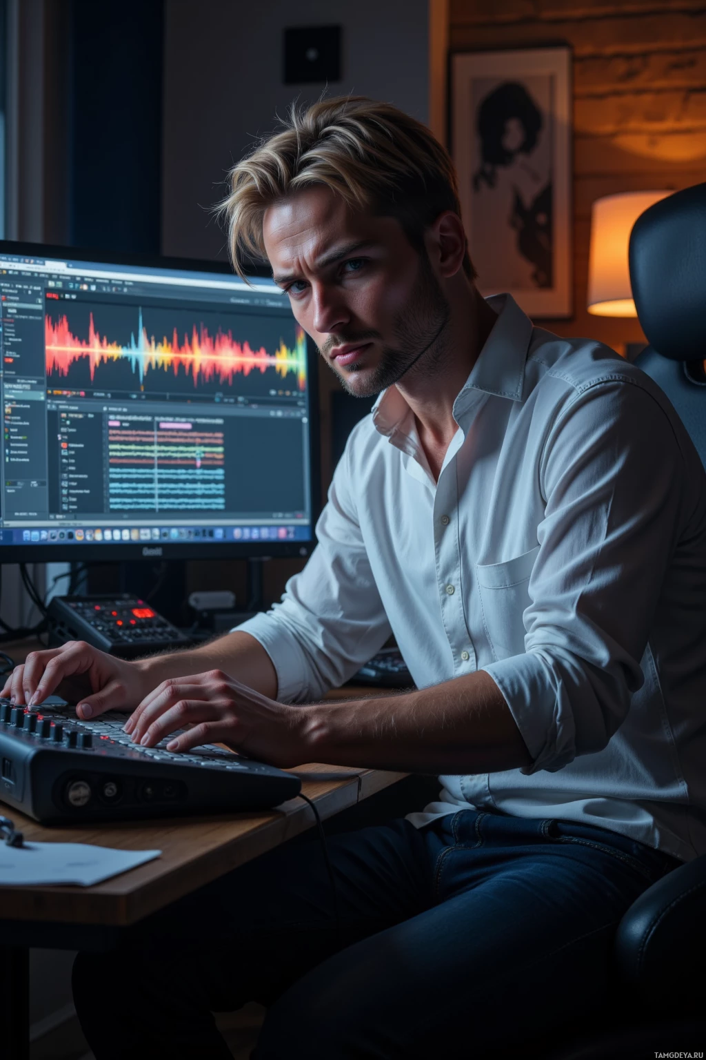 A person is working at a desk with a computer and audio editing software displayed on the screen.