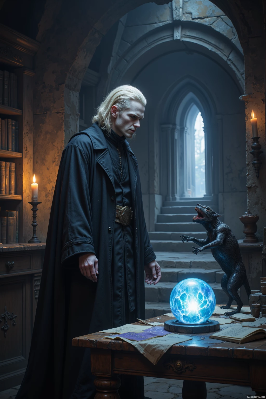 A person in a dark robe stands beside a glowing blue orb and a small, growling creature in a dimly lit, gothic-style room.