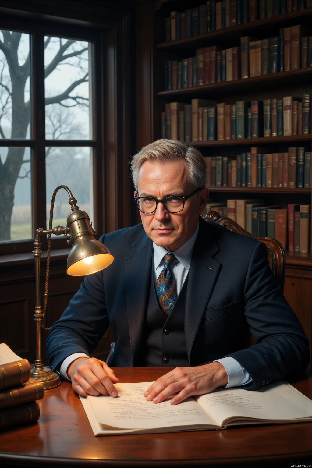 A man in a suit sits at a desk in a library, reading a book.