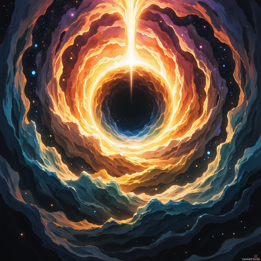 A vibrant, swirling cosmic vortex with glowing orange and yellow hues against a dark, starry background.