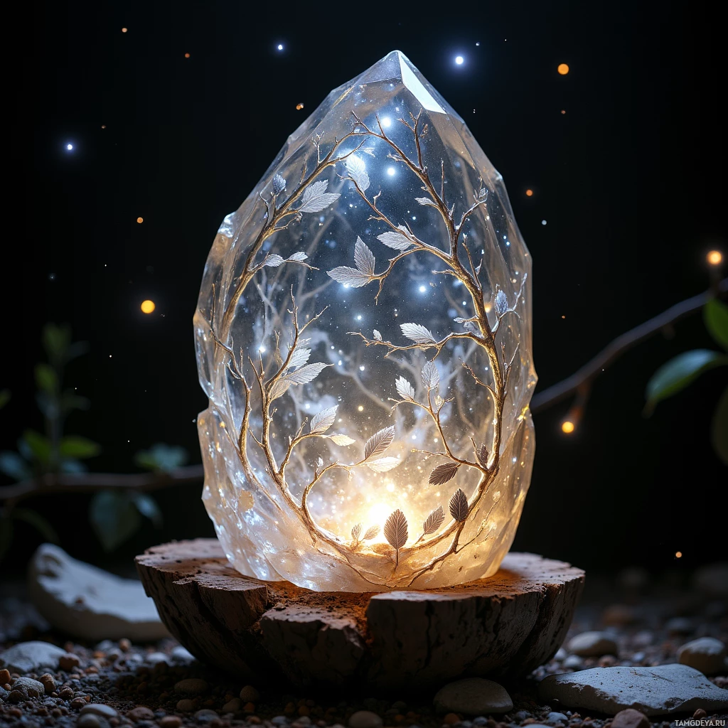 A glowing crystal with etched tree branches sits atop a wooden base, surrounded by small stones.