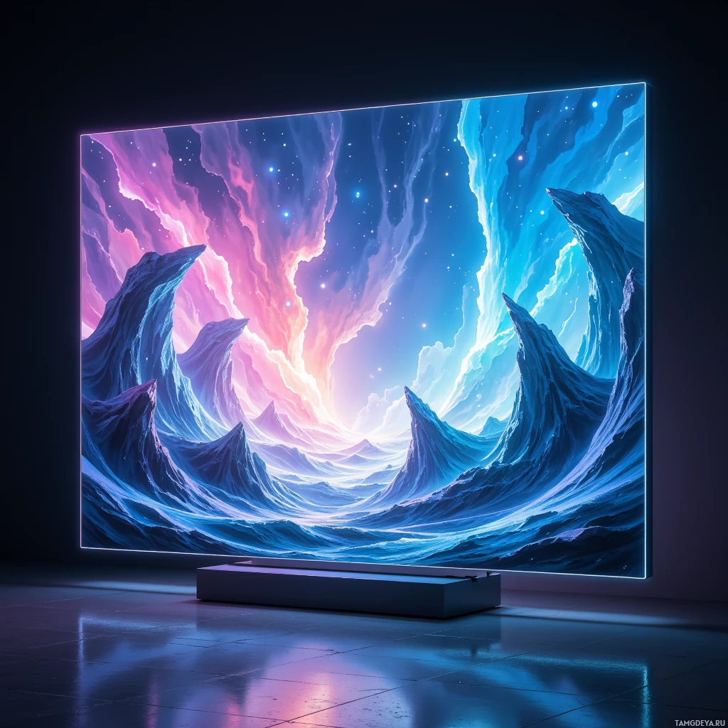 A large, illuminated display showcases a vibrant, cosmic landscape with swirling clouds and stars.