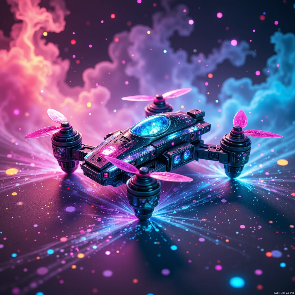 A futuristic drone with glowing propellers and a cosmic background.