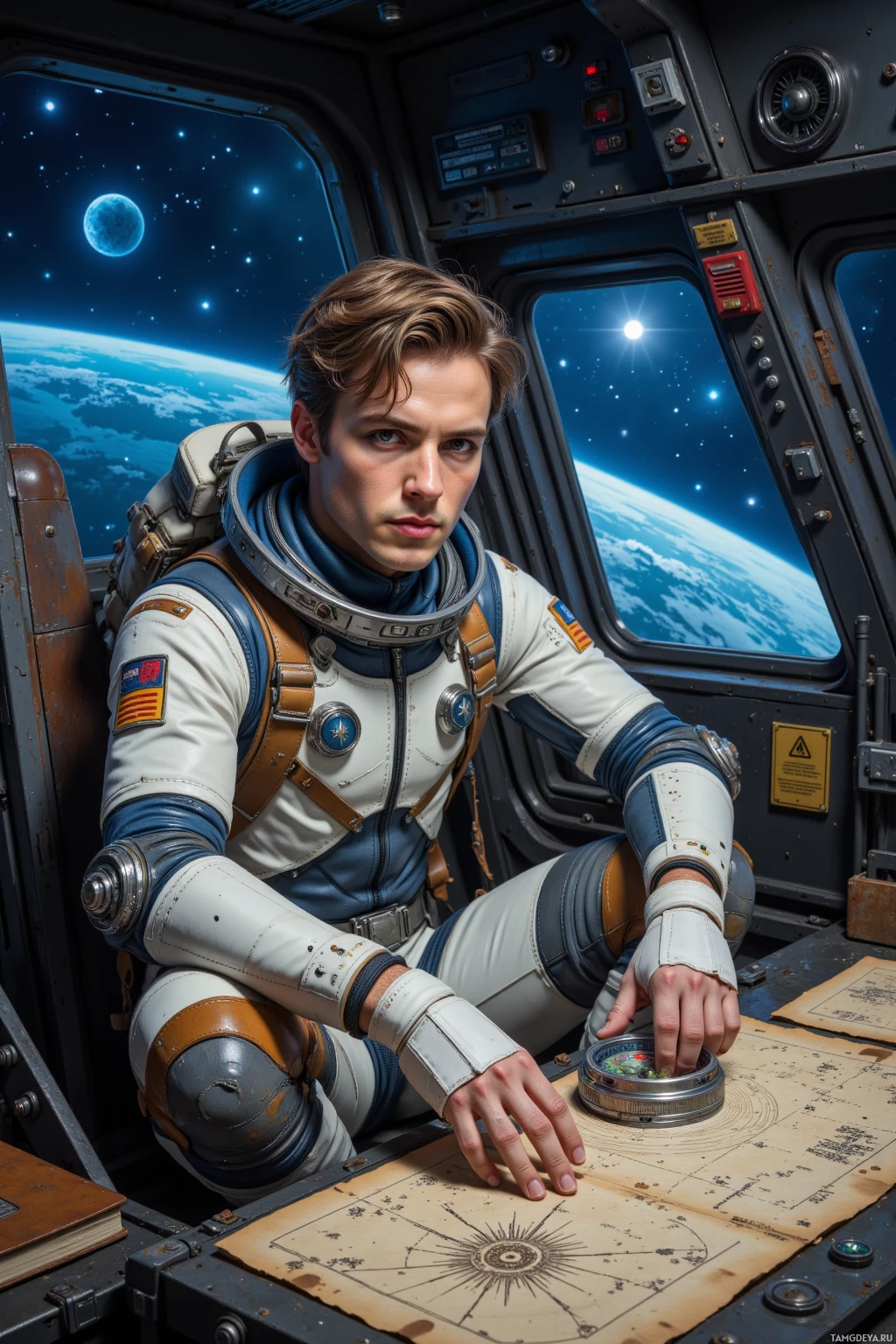 A person in a space suit sits inside a spacecraft, examining a map and a compass.