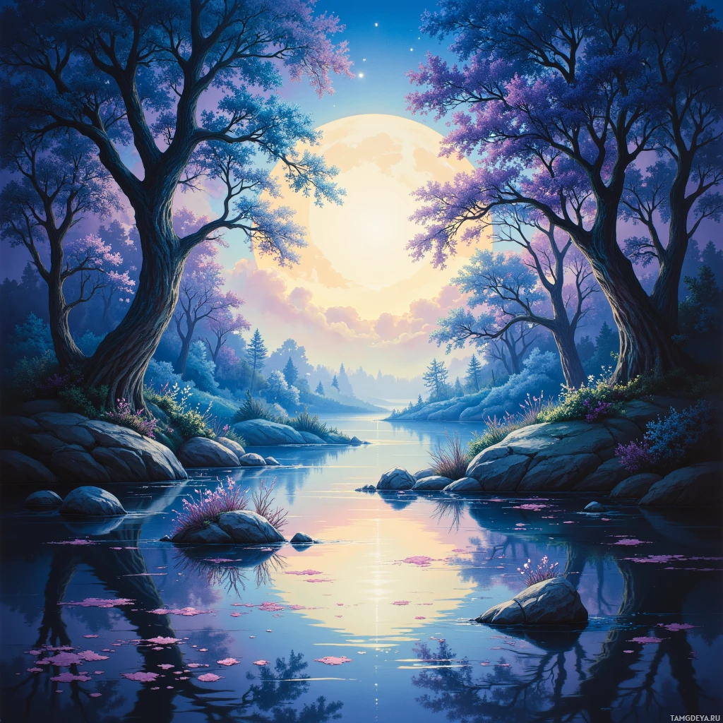 A serene nighttime scene with a full moon, purple-hued trees, and a calm river reflecting the sky.