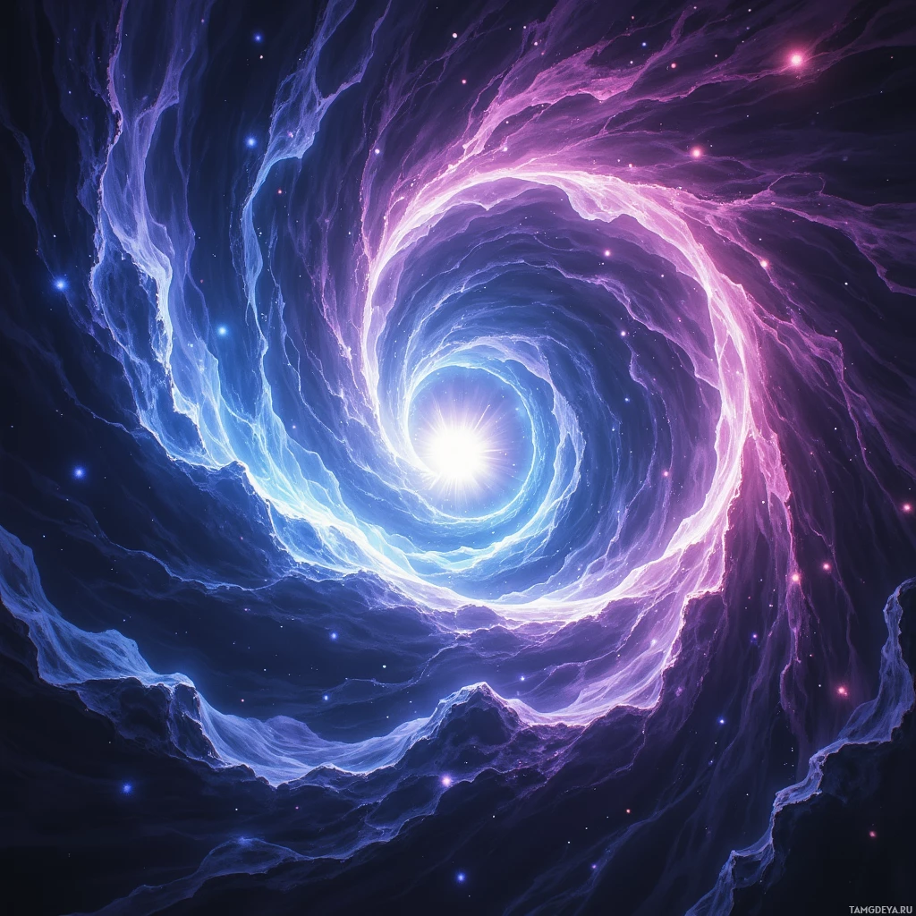 A swirling cosmic vortex with vibrant purple and blue hues against a starry background.