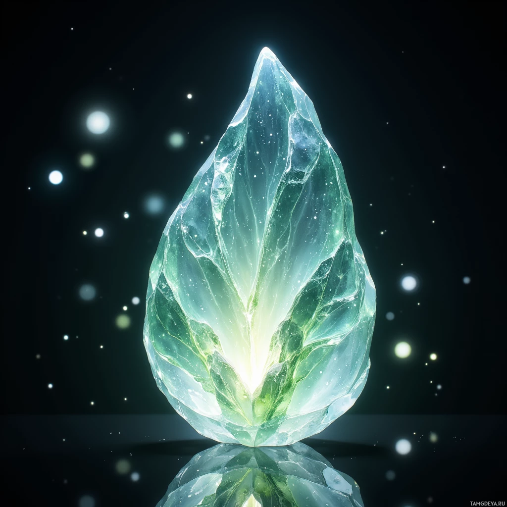 A glowing, translucent green crystal with intricate patterns stands against a dark, starry background.