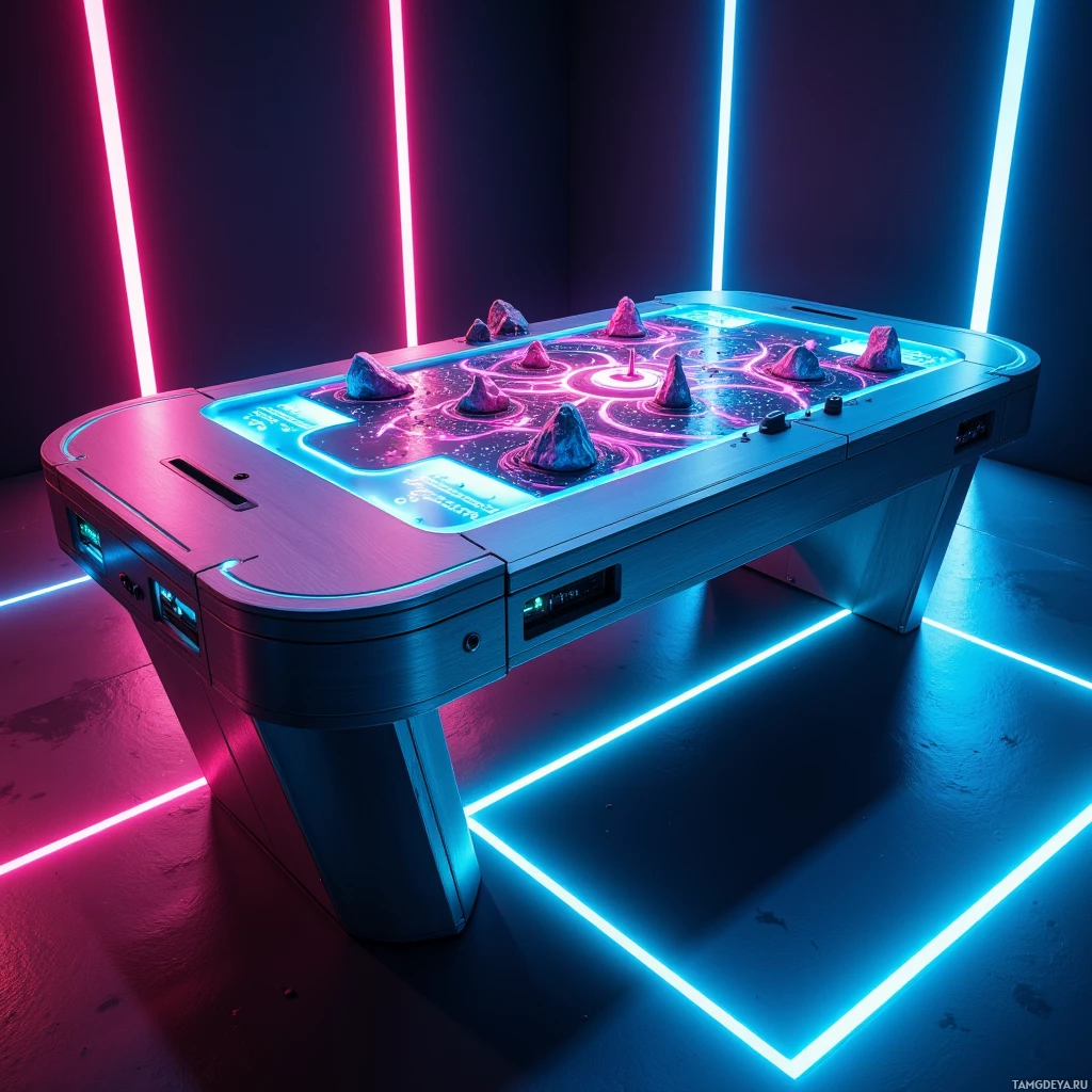 A futuristic gaming console with glowing neon lights and a digital display.