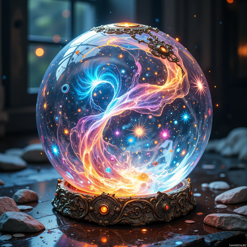 A glowing crystal ball with cosmic energy and stars inside, placed on a decorative base.