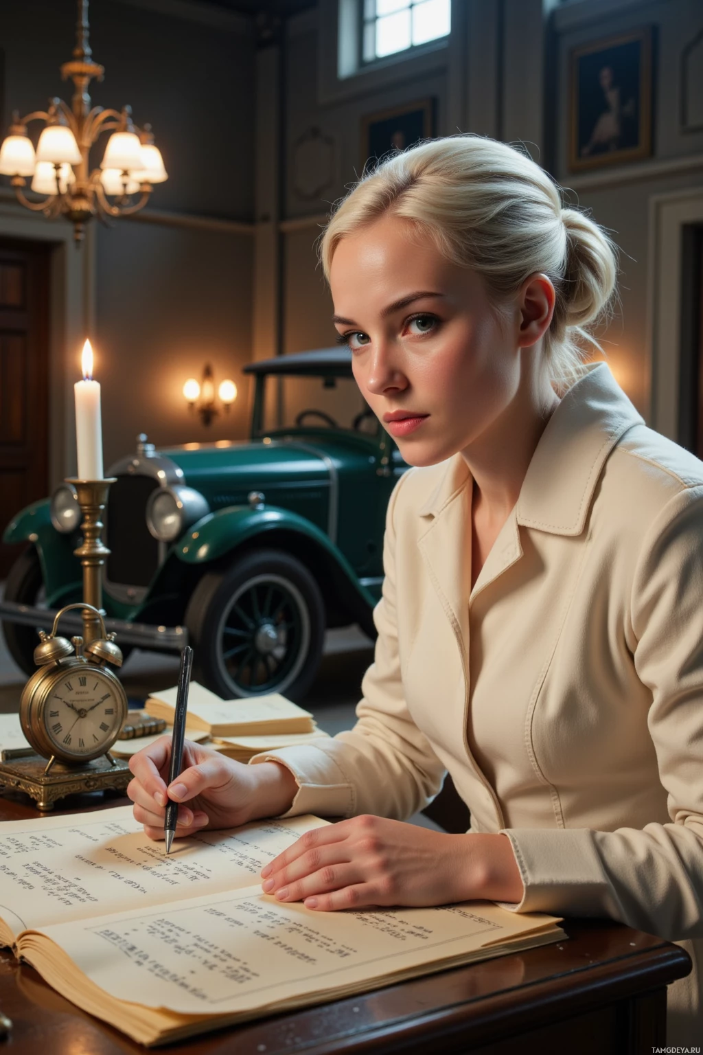 A woman is writing in a notebook at a desk in a room with vintage decor.