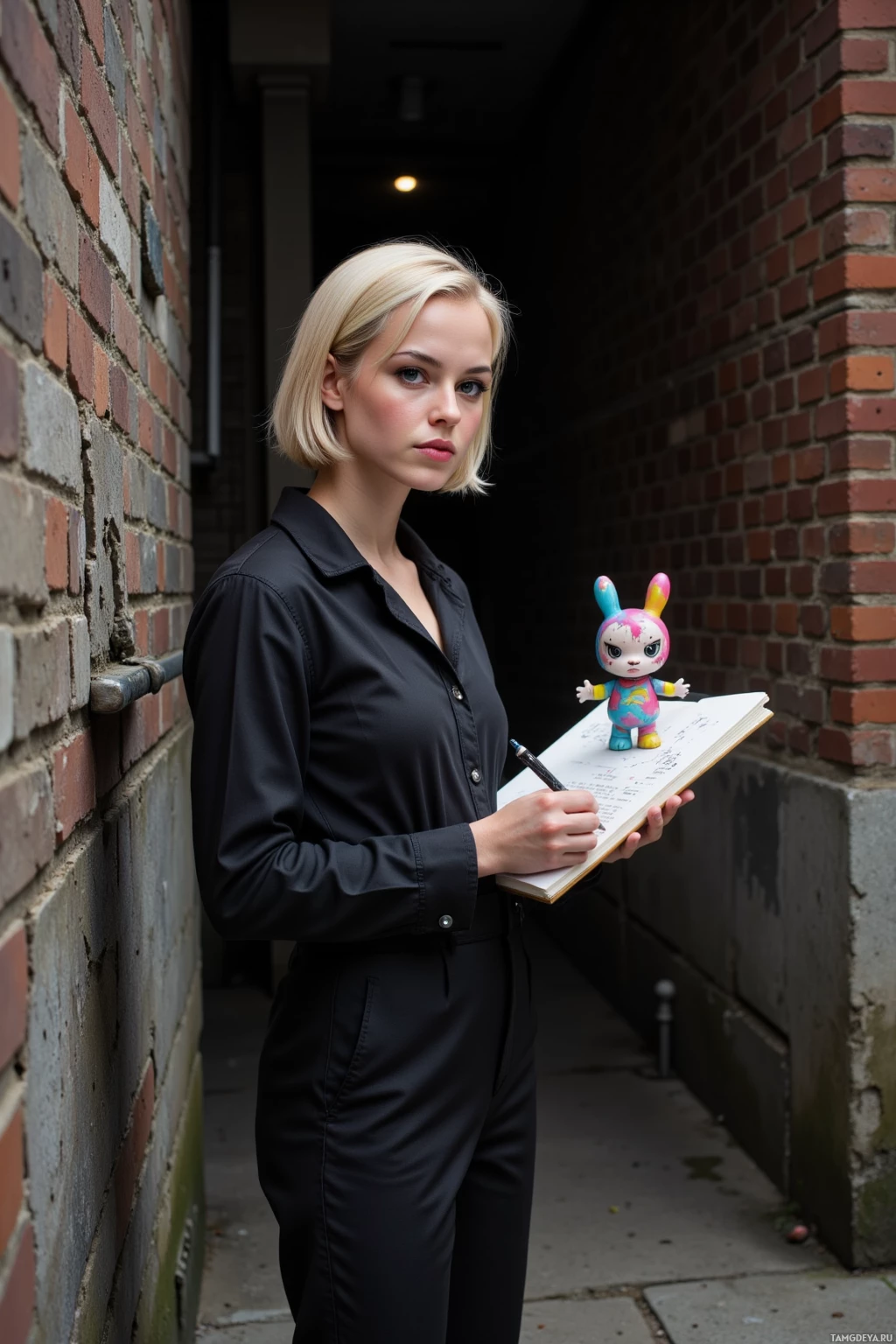 A person in a black outfit stands in an alleyway, holding a notebook and a small toy figure.