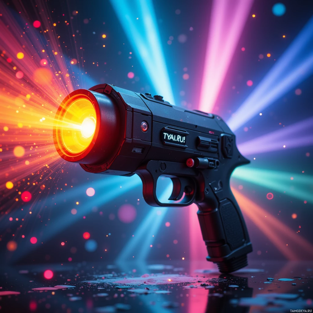 A futuristic, glowing gun with a bright yellow light and colorful background.