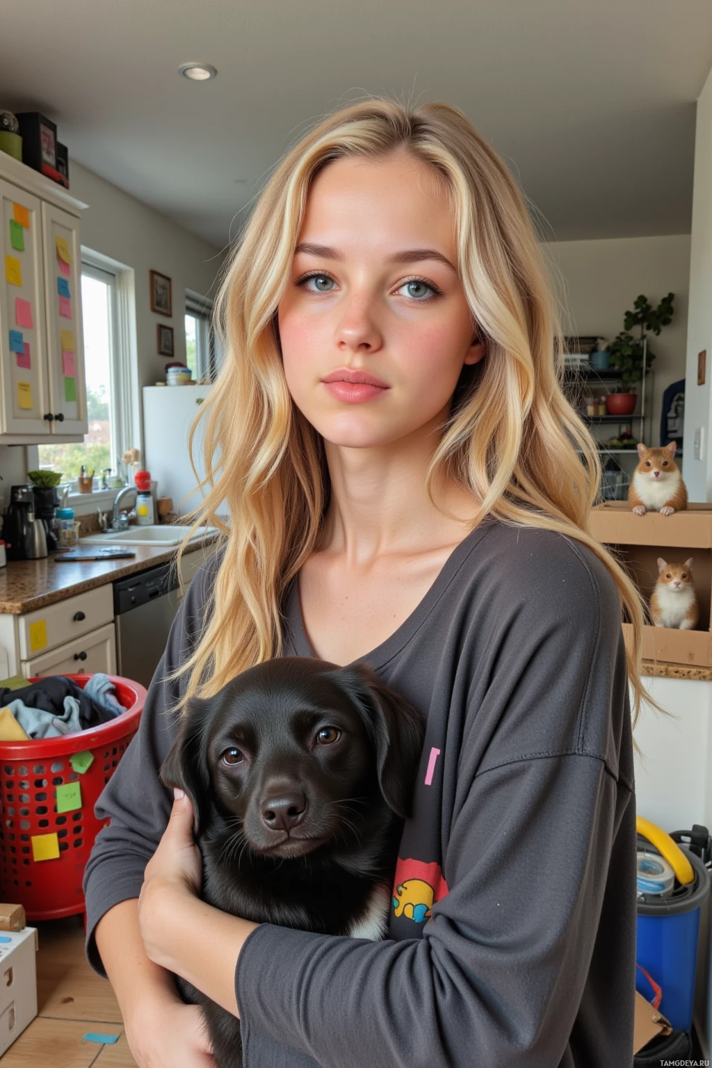 A person holds a black puppy in a kitchen setting.